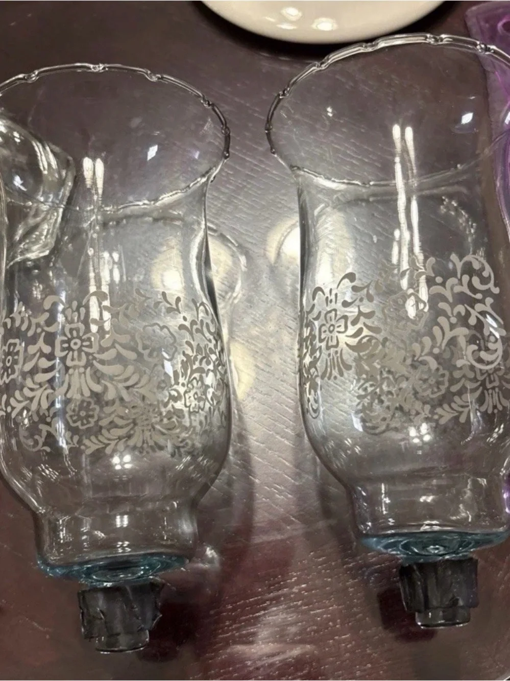 Home Interiors Set Of 2 Etched Glass Hurricane Vintage Votive Can holders Sconce